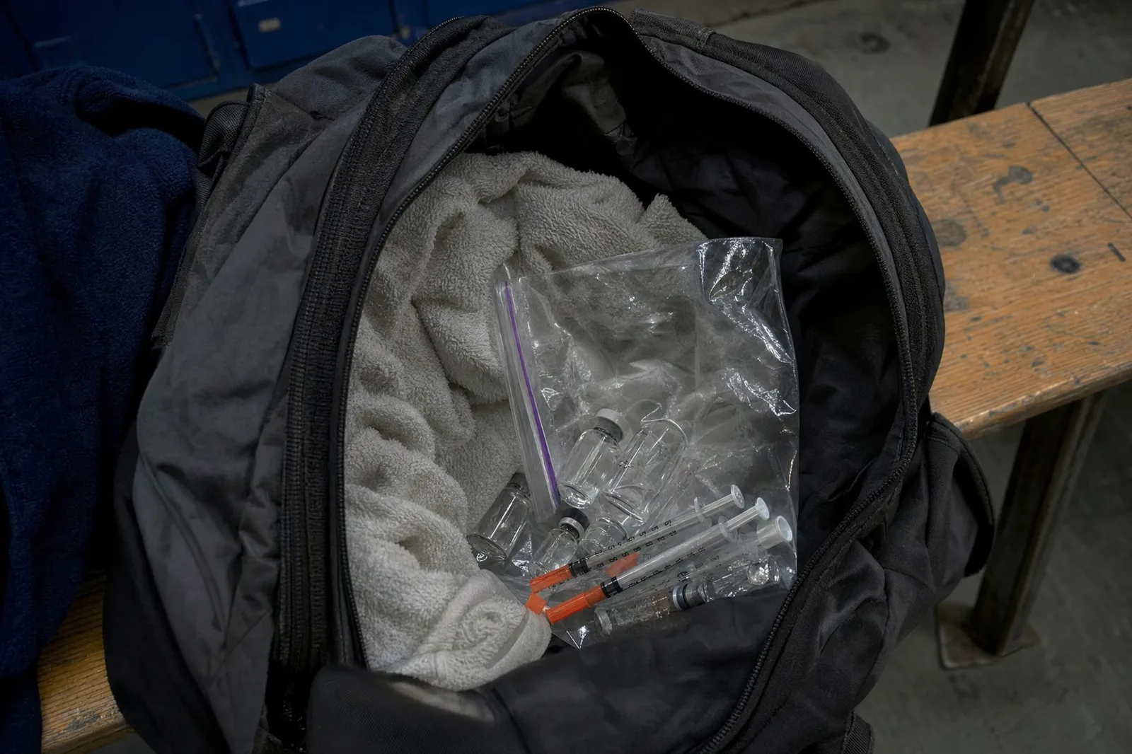 A zip-lock bag in a gym locker